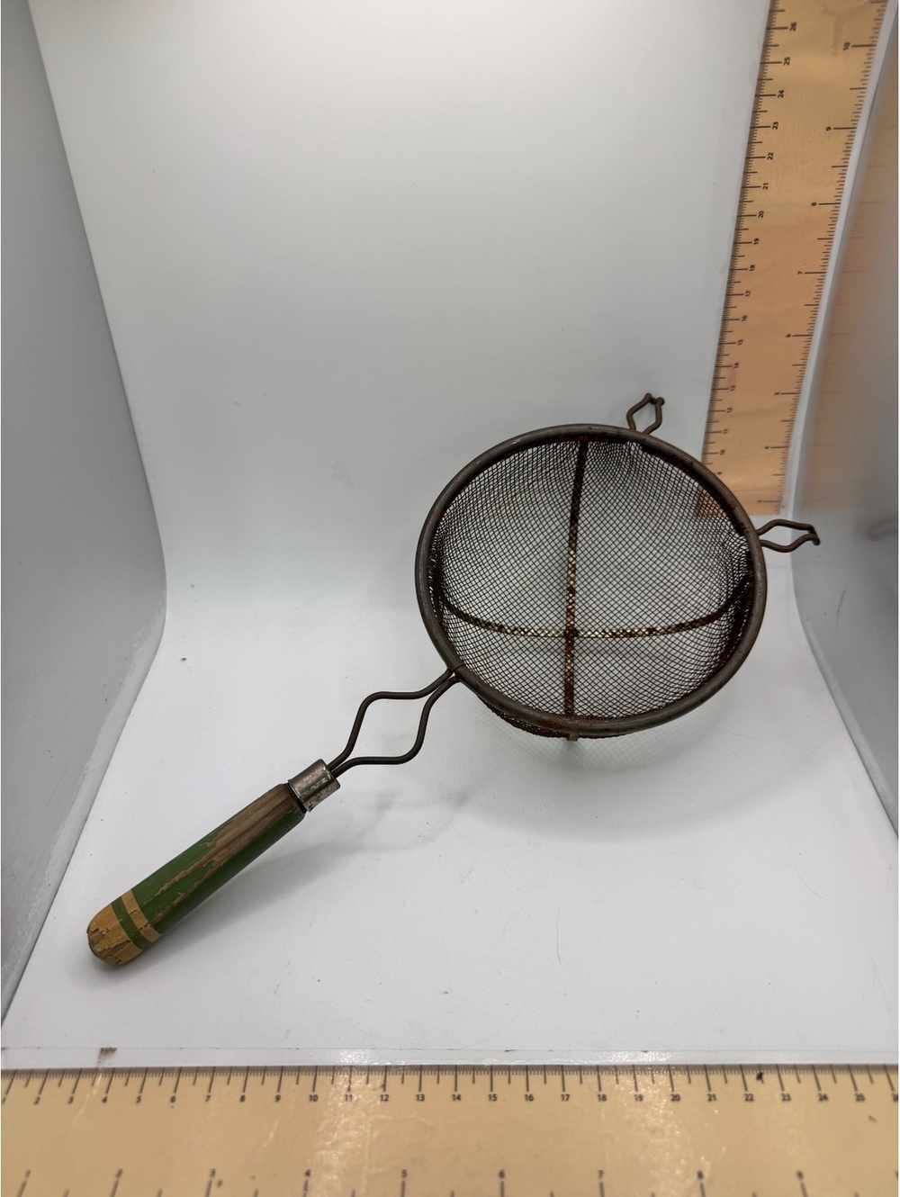 Vintage Wire Mesh Strainer with Green Wooden Handle
